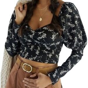 Anthropologie S Black Regencycore Milkmaid Sweetheart Crop Puff Sleeve Top